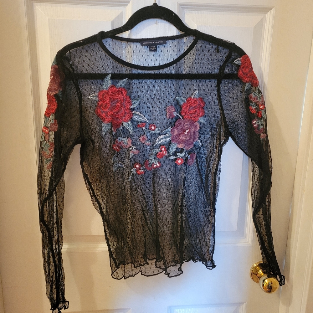 American Eagle Long Sleeve Mesh Top with Floral Embroidery (Size M)